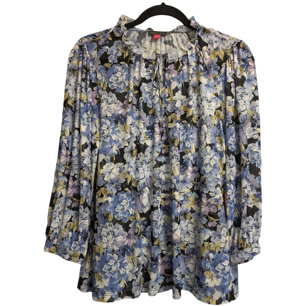 NWT Vince Camuto Sea Breeze Floral Ruffled Collar Tie Neck Blouse Size XS
